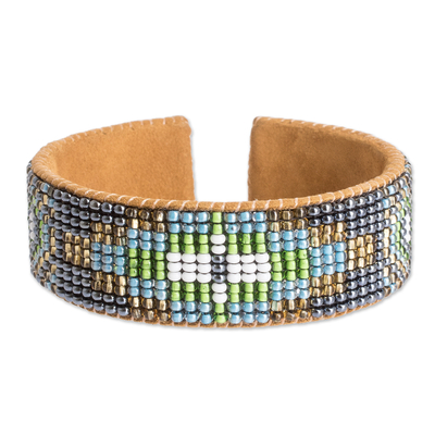 Leather-accented glass beaded cuff bracelet, 'Lake Atitlan' - Floral Glass Beaded Cuff Bracelet with Leather Structure