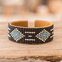 Leather-accented glass beaded cuff bracelet, 'Altar Diamonds' - Black and Blue Glass Beaded Cuff Bracelet with Leather