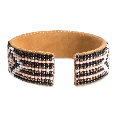 Leather-accented glass beaded cuff bracelet, 'Timeless Diamonds' - Black and Pink Glass Beaded Cuff Bracelet with Leather