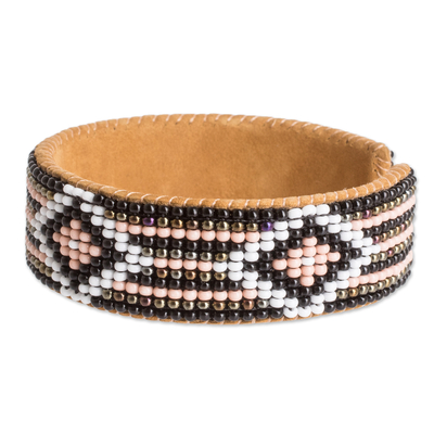 Leather-accented glass beaded cuff bracelet, 'Timeless Diamonds' - Black and Pink Glass Beaded Cuff Bracelet with Leather