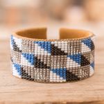 Leather-accented glass beaded cuff bracelet, 'Harmony Shapes' - Modern Geometric Leather-Accented Glass Beaded Cuff Bracelet