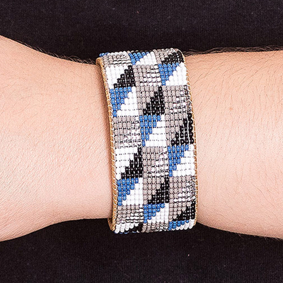 Leather-accented glass beaded cuff bracelet, 'Harmony Shapes' - Modern Geometric Leather-Accented Glass Beaded Cuff Bracelet
