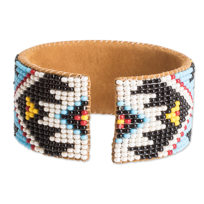 Leather-accented glass beaded cuff bracelet, 'Heaven's Union' - Traditional Blue and Black Glass Beaded Cuff Bracelet