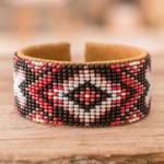 Leather-accented glass beaded cuff bracelet, 'Fire's Union' - Traditional Red and Black Glass Beaded Cuff Bracelet