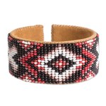Leather-accented glass beaded cuff bracelet, 'Fire's Union' - Traditional Red and Black Glass Beaded Cuff Bracelet