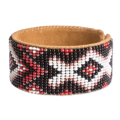 Leather-accented glass beaded cuff bracelet, 'Fire's Union' - Traditional Red and Black Glass Beaded Cuff Bracelet