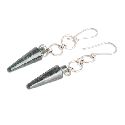 Jade dangle earrings, 'Pretty Pendulum' - Silver and Green Jade Dangle Earrings with Pendulum & Hoops