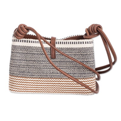 Leather-accented cotton sling bag, 'Village Walk' - Handcrafted Leather-Accented Sepia and Blue Cotton Sling Bag