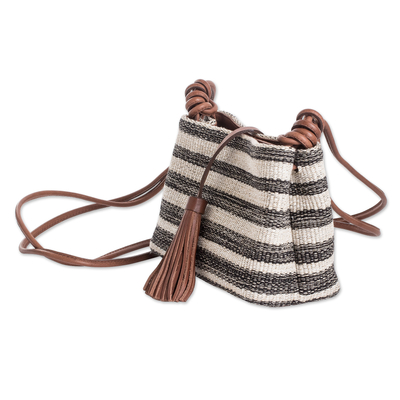 Leather-accented cotton sling bag, 'Beach Walk' - Handcrafted Leather-Accented Striped Onyx Cotton Sling Bag