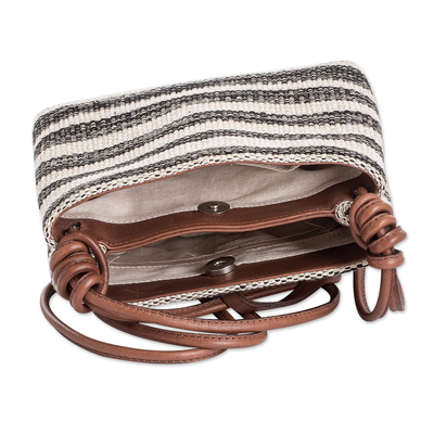 Leather-accented cotton sling bag, 'Beach Walk' - Handcrafted Leather-Accented Striped Onyx Cotton Sling Bag