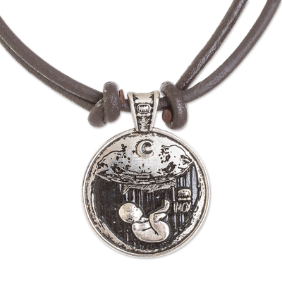 Nickel pendant necklace, 'Imox Emblem' - Mayan Astrology-Themed Pendant Necklace with Imox Sign