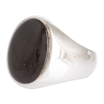 Men's jade domed ring, 'Gallantry and Balance' - Men's Sterling Silver Domed Ring with Dark Green Jade Jewel