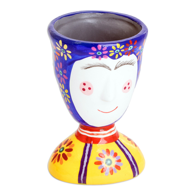 Ceramic flower pot, 'Flourishing Joy' (small) - Painted Floral Blue and Yellow Ceramic Flower Pot (Small)