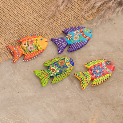 Set of 4 Fish-Themed Hand-Painted Colorful Ceramic Magnets - Marine  Festival