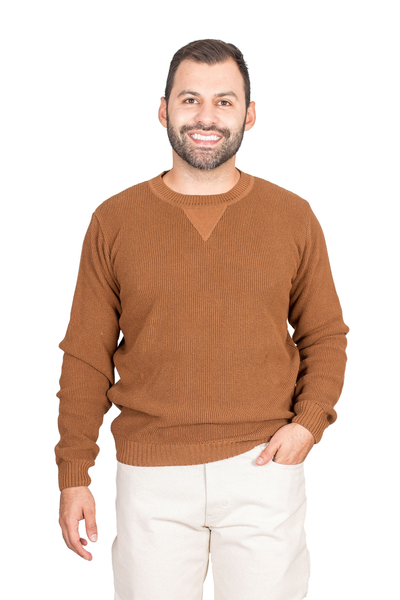 Men's cotton pullover sweater, 'Sporting Elegance in Sepia' - Men's Sepia Cotton Pullover Sweater Knit in Guatemala