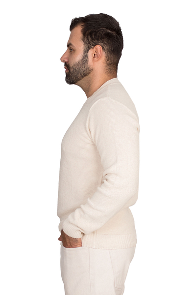 Men's recycled cotton pullover sweater, 'Sporting Elegance in Alabaster' - Men's Alabaster Cotton Pullover Sweater Knit in Guatemala