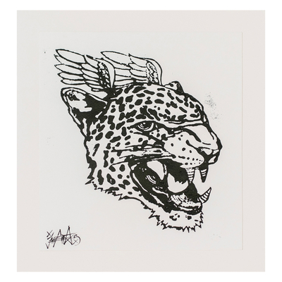 'Jaguar' - Grabado en madera expresionista hecho a mano de un gato salvaje alado