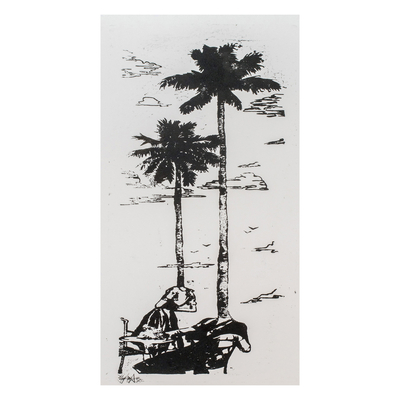 'Black Wind' - Handgefertigter impressionistischer Holzschnittdruck von Palmen