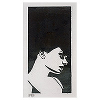 'Perfil profundo' - Retrato grabado en madera hecho a mano de mujer en blanco y negro
