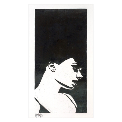 'Deep Profile' - Handmade Woodcut Print Portrait of Woman in Black and White