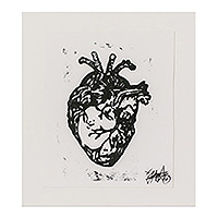 'Striped' - Expressionist Xylograph Print of the Heart from Guatemala