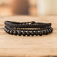 Onyx beaded wrap macrame bracelet, 'Onyx Night' - Handwoven Black Wrap Macrame Bracelet with Onyx Beads