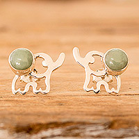 Jade button earrings, 'Balance Trunks' - Elephant-Themed Dark Green Jade Button Earrings
