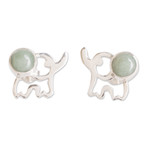 Jade button earrings, 'Balance Trunks' - Elephant-Themed Dark Green Jade Button Earrings