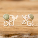 Jade button earrings, 'Balance Trunks' - Elephant-Themed Dark Green Jade Button Earrings