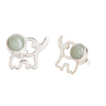 Jade button earrings, 'Balance Trunks' - Elephant-Themed Dark Green Jade Button Earrings