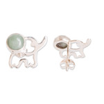 Jade button earrings, 'Balance Trunks' - Elephant-Themed Dark Green Jade Button Earrings