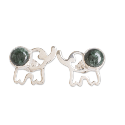 Jade button earrings, 'Serenity Trunks' - Elephant-Themed Green Jade Button Earrings from Guatemala