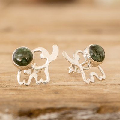 Jade button earrings, 'Serenity Trunks' - Elephant-Themed Green Jade Button Earrings from Guatemala
