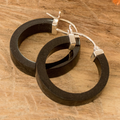 Jade hoop earrings, 'Night Connection' - Modern Black Jade Hoop Earrings with Sterling Silver Clasps