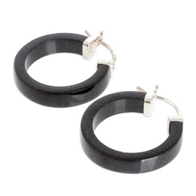 Jade hoop earrings, 'Night Connection' - Modern Black Jade Hoop Earrings with Sterling Silver Clasps