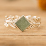 Jade single stone ring, 'Serene Laurels' - Leafy Sterling Silver Single Stone Ring with Green Jade Gem