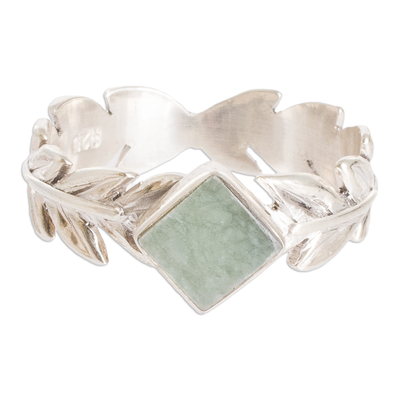 Jade single stone ring, 'Serene Laurels' - Leafy Sterling Silver Single Stone Ring with Green Jade Gem