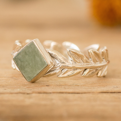 Jade single stone ring, 'Serene Laurels' - Leafy Sterling Silver Single Stone Ring with Green Jade Gem