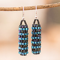 Glass beaded dangle earrings, 'Ocean Pillars' - Gleaming Blue Glass Beaded Dangle Earrings from El Salvador