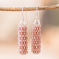 Glass beaded dangle earrings, 'Pink Pillars' - Gleaming Pink Glass Beaded Dangle Earrings from El Salvador