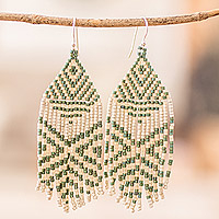 Glass beaded waterfall earrings, 'Prehispanic' - Handcrafted Green and Ivory Glass Beaded Waterfall Earrings