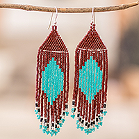 Beaded waterfall earrings, 'Multicoloured Diamonds' - Brown & Aqua Beaded Waterfall Earrings with Diamond Pattern