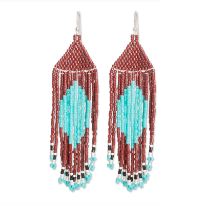 Beaded waterfall earrings, 'Multicolored Diamonds' - Brown & Aqua Beaded Waterfall Earrings with Diamond Pattern