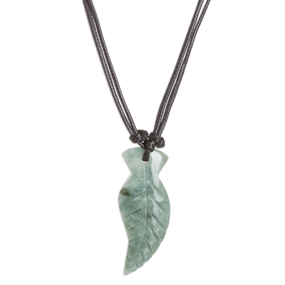 Jade pendant necklace, 'Flying Feather' - Green Jade Feather-Themed Pendant Necklace with Cord