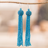 Beaded waterfall earrings, 'Fiesta in Light Blue' - Light Blue Glass Beaded Waterfall Earrings with Silver Hooks