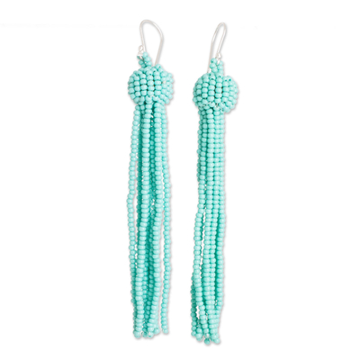 Glasperlen-Wasserfall-Ohrringe, 'Aqua Party' - Handgefertigte Aqua Glas Perlen Wasserfall Ohrringe mit Haken