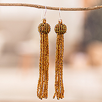 Glass beaded waterfall earrings, 'Golden Party' - Handmade Golden Glass Beaded Waterfall Earrings with Hooks