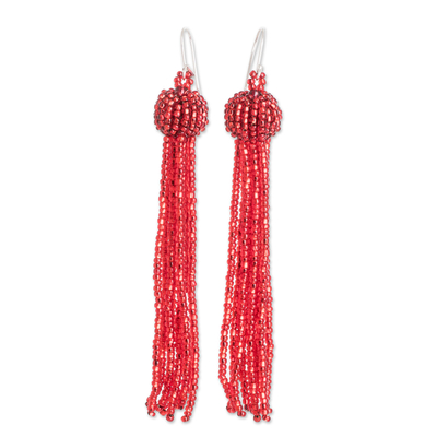 Glass beaded waterfall earrings, 'Crimson Party' - Handmade Crimson Glass Beaded Waterfall Earrings with Hooks