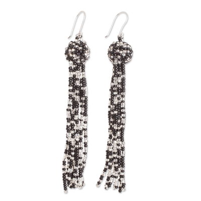 Beaded waterfall earrings, 'Fiesta in Black' - Black Glass Beaded Waterfall Earrings with 925 Silver Hooks