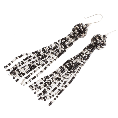 Beaded waterfall earrings, 'Fiesta in Black' - Black Glass Beaded Waterfall Earrings with 925 Silver Hooks